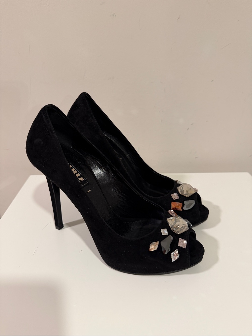 Le Silla Black Suede Crystal Embellished Peep Toe Stiletto Heels EU 36 - Picture 6 of 8